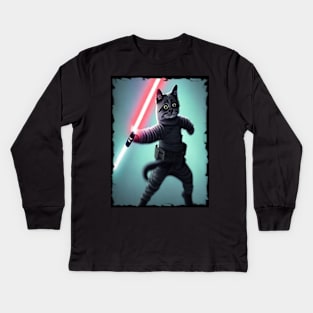 Fun Cat Print ~ AI Art ~ Fantasy Cat ~ Sci-fi Cat ~ Cats with Lightsabers Kids Long Sleeve T-Shirt